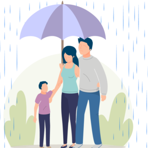 Ilustracija koja prikazuje porodicu sa kišobranom, što aludira na životno osiguranje.